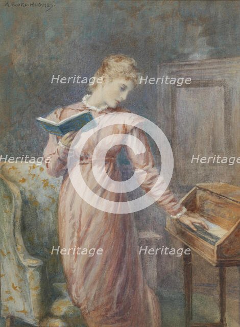 A lady reading while playing the spinet. Creator: Hughes, Arthur Foord (1856-1934).