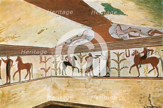 Mural painting in the Tomb of the Baron (Tomba del Barone) at Tarquinia, Italy, (1928).  Creator: Unknown.
