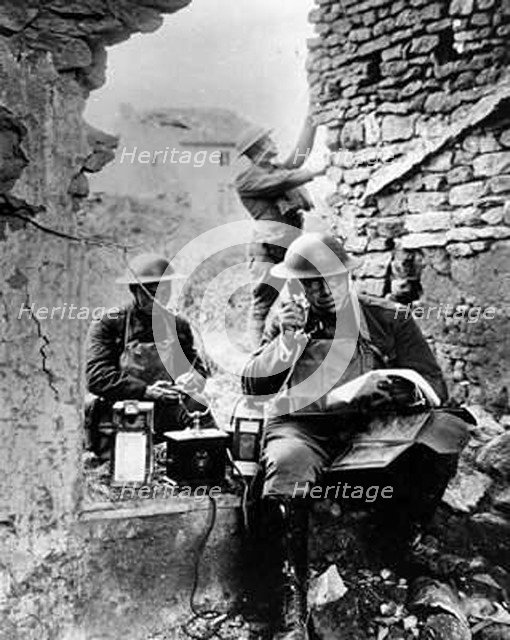 United States Army Signal Corps using captured German telephone equipment, World War 1. Artist: Unknown