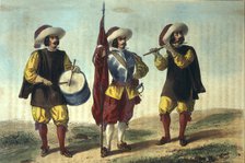Reign of Philip IV, Infantry, 1632, soldiers of the Corps of Flanders: Drum, standard-bearer and …