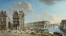 La Greve, Ile Saint-Louis and the Pont Rouge, seen from Place de la Greve, c1754. Creator: Nicolas Raguenet.