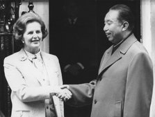 Margaret Thatcher greets Hua Guofeng outside 10 Downing Street, London, 29th October 1979. Artist: Unknown