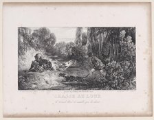 Wolf Hunt: Wounded Animal Attacked by Dogs, from the series Hunting Scenes, 1829. Creator: Alexandre Gabriel Decamps.