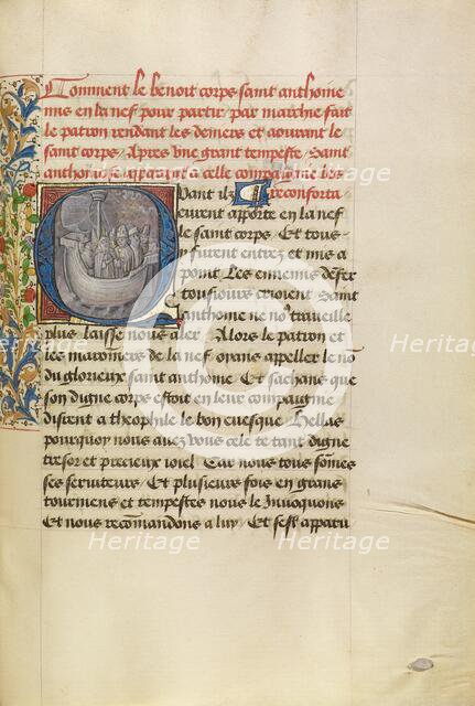Initial Q: Saint Anthony Reassuring Bishop Theophilus and His Companions During..., about 1465-70. Creators: Master of the Brussels Romuléon, Workshop of the Master of the Brussels Romuléon.
