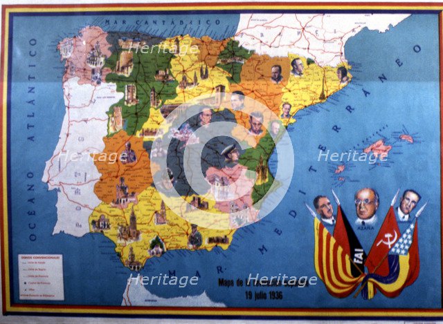 Second Republic. (1931-1939), map of the Spanish revolution on July 19, 1936.