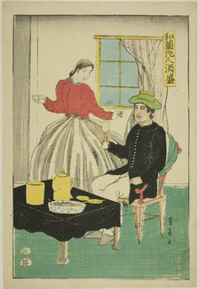 Dutch Couple Drinking Wine (Orandajin sakamori), 1861. Creator: Yoshikazu.
