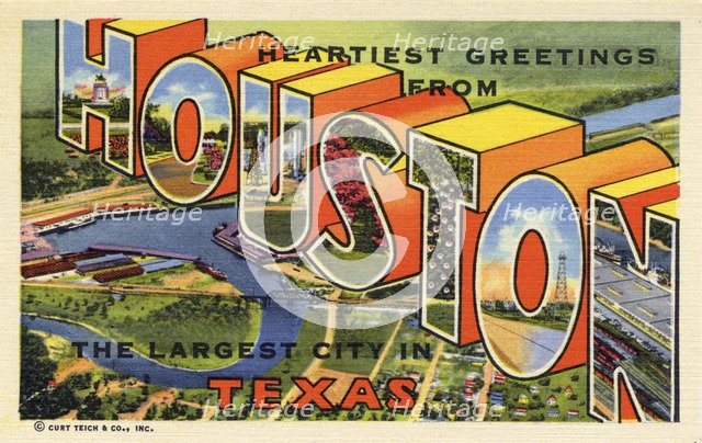 'Heartiest greetings from Houston, the largest city in Texas', postcard, 1947. Artist: Unknown