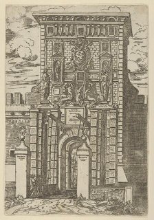The Porta Galliera, the entrance gate to Bologna and drawbridge with temporary decorations..., 1598. Creator: Guido Reni.