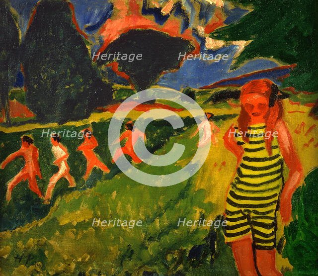 The black-and-yellow striped bathing suit, 1909. Creator: Max Pechstein.