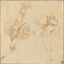 Two Men in Masquerade Costumes: A Cannon Firing and a Cat Inside a Mousetrap, c. 1645. Creator: Stefano della Bella.