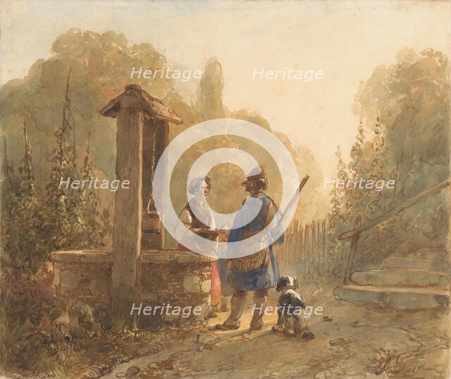 Hunter talking to a farmer's wife at a well, next to him a dog, 1797-1870. Creator: Andreas Schelfhout.
