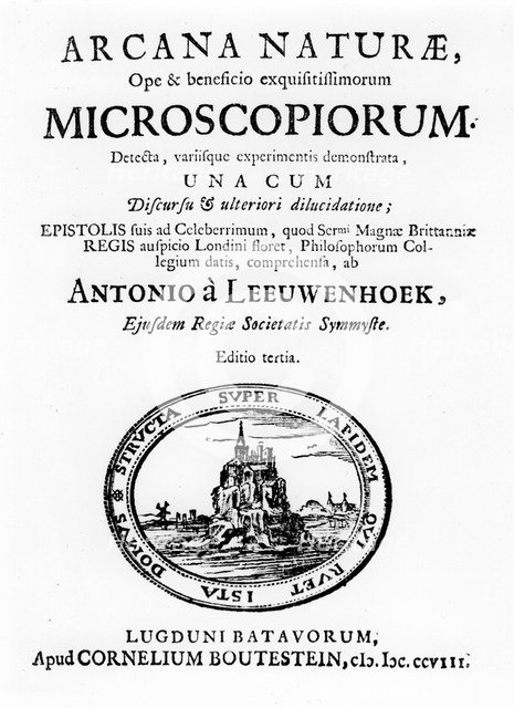 Title page of Microscopium by Dutch microscopist Anton van Leeuwenhoek, 1708 Artist: Unknown