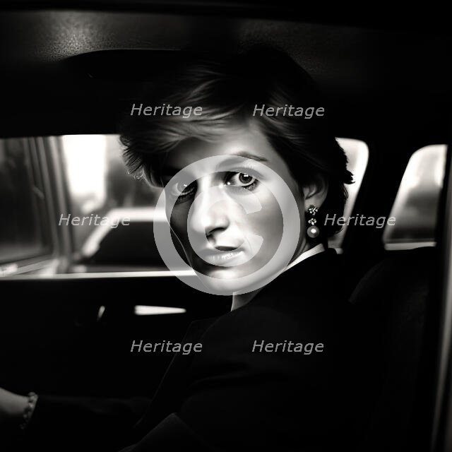 AI IMAGE - Portrait of Diana, Princess of Wales in a car, 1990s, (2023).  Creator: Heritage Images.