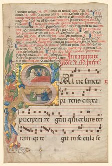 Leaf from a Gradual: Historiated Initial S[alve Sancta Parens] with Birth of the Virgin (recto), c.  Creator: Unknown.