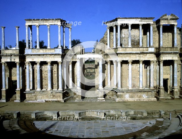 View of the stage of the Roman theater of Merida which consists of two floors with columns, 24 b.C.