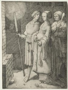 The Man with the Torch and a Woman Followed by a Fool, c. 1508. Creator: Lucas van Leyden (Dutch, 1494-1533).
