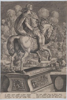 Plate 6: equestrian statue of Nero, seen from behind, the Great Fire of Rome in the..., ca. 1587-89. Creator: Adriaen Collaert.