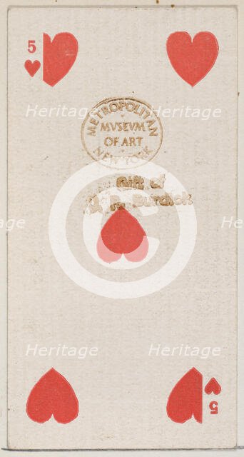 Five Hearts (red), from the Playing Cards series (N84) for Duke brand cigarettes, 1888., 1888. Creator: Unknown.