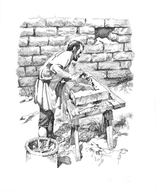 Roman stonemason inscribing a tablet, Hadrian's Wall, 2nd century (c1985-c2000). Artist: Philip Corke.