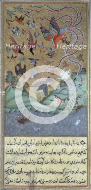 The simurgh leading an army of birds, c1610. Creator: Anon.