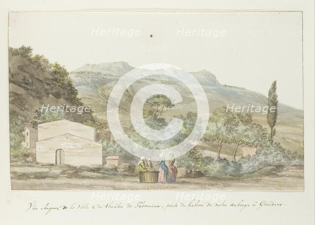 View of the town and theater of Taormina from the balcony of the inn at Giardini, 1778. Creator: Louis Ducros.