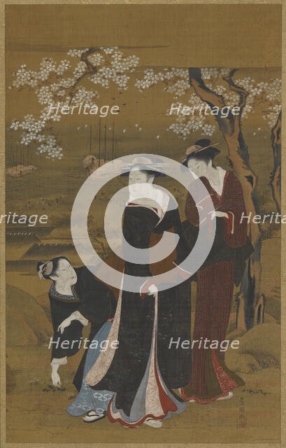 Three women under a flowering cherry tree at the seashore, 1769-1825. Creator: Utagawa Toyokuni I.