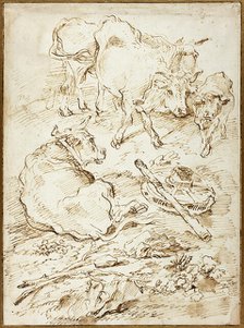 Cattle Beside Cart Wheel, 1640/55. Creator: Giovanni Francesco Castiglione.