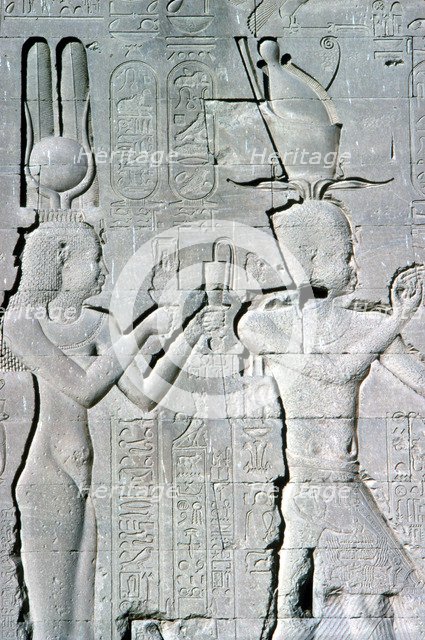 Vertical detail of a relief of Cleopatra and Caesarion, Temple of Hathor, Dendera, c125 BC-c60 AD. Artist: Unknown