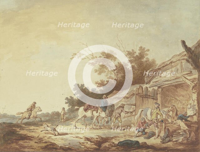 A traveler being fitted with riding boots stands with his horses at a watering trough in..., 1760. Creator: Francesco Giuseppe Casanova.