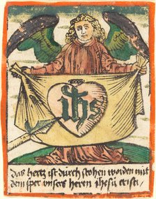 Sacred Monogram in a Sacred Heart on a Cloth Held by an Angel, c. 1480. Creator: Unknown.