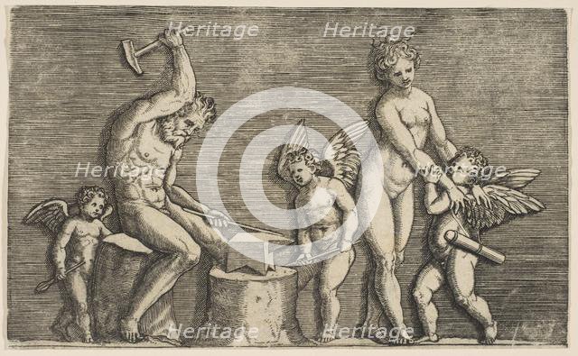 Vulcan seated hammering on an anvil flanked by Venus and three cupids, ca. 1515-27. Creator: Marco Dente.