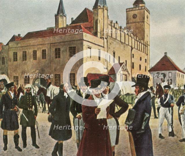 In front of the town hall at Reichenbach in Silesia during the ceasefire, 1813, (1936). Creator: Unknown.