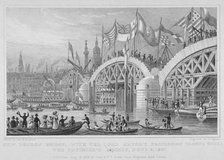 London Bridge, with the Lord Mayor's procession passing under the unfinished arches, 1827. Artist: Thomas Higham
