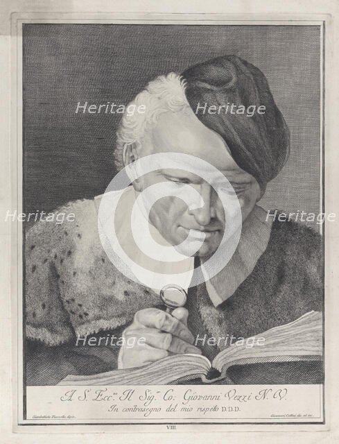 Man in a hat reading a book with a magnifying glass, 1743.  Creator: Giovanni Cattini.