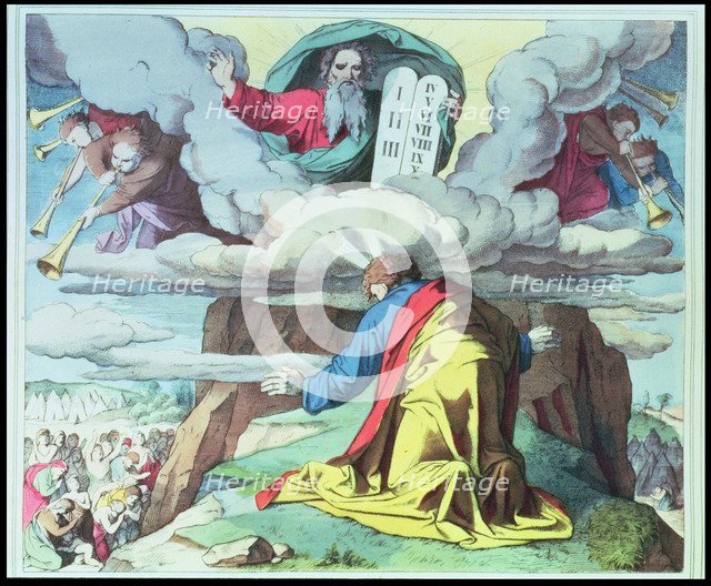 God gives Moses the Ten Commandments on Mount Sinai, engraving, 1860.