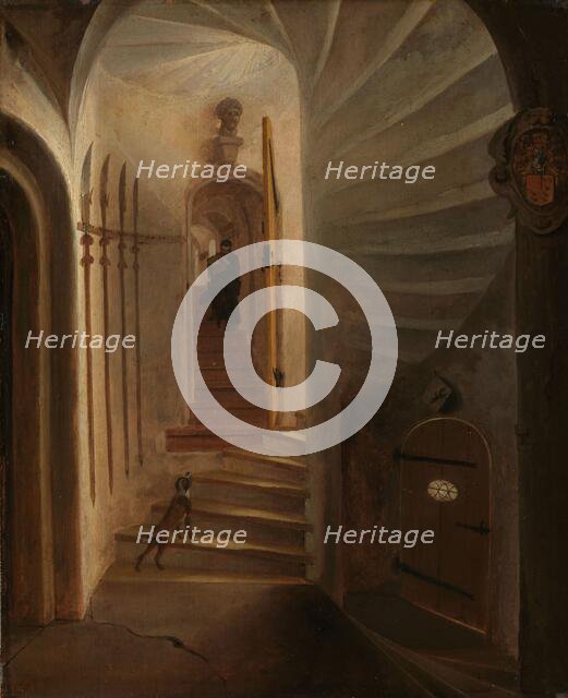 Portal of a stairway tower, with a man descending the stairs: presumably the moment..., 1640-1664. Creator: Egbert van der Poel.