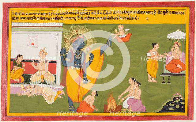 A page from a Ramayana: Vamana avatar of Vishnu (Trivikrama), c. 1710. Creator: Unknown.