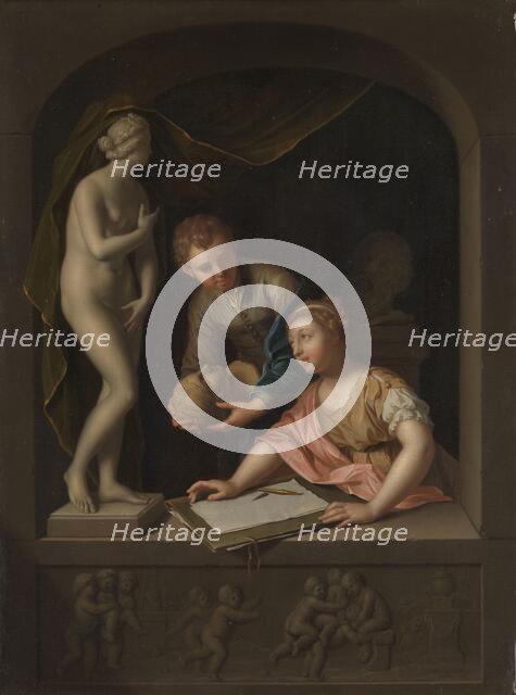 A Girl Drawing and a Boy near a Statue of Venus, 1715. Creator: Pieter van der Werff.