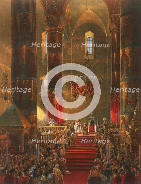 The Metropolitan genuflects at the coronation ceremony of Tsar Alexander II, Moscow, 1856.  Artist: Georg Wilhelm Timm