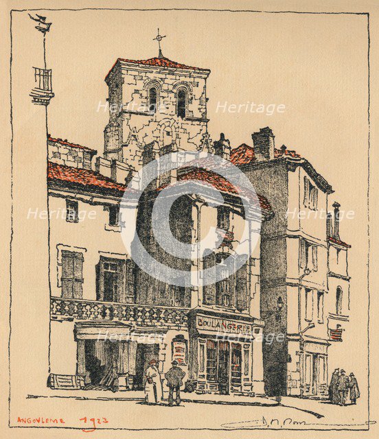 The Place du Murier, with the tower of the Church of St Andre, at Angouleme, France, 1924. Artist: JR Rowe.