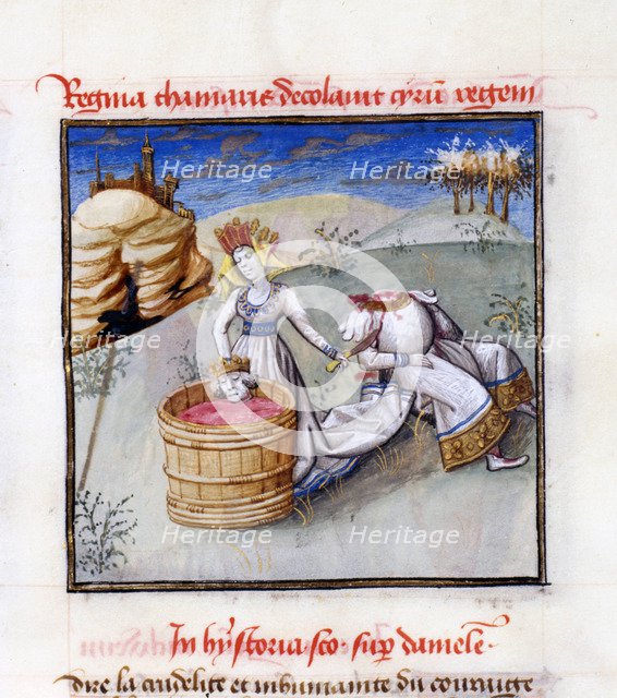 Queen Tomyris. From: Speculum Humanae Salvationis (Mirror of Human Salvation) by Ludolph of Saxony. Artist: Anonymous  