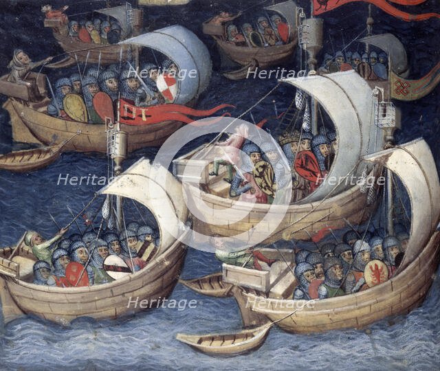The Greek fleet at sea, second siege of Troy, 15th century.  Creator: Unknown.