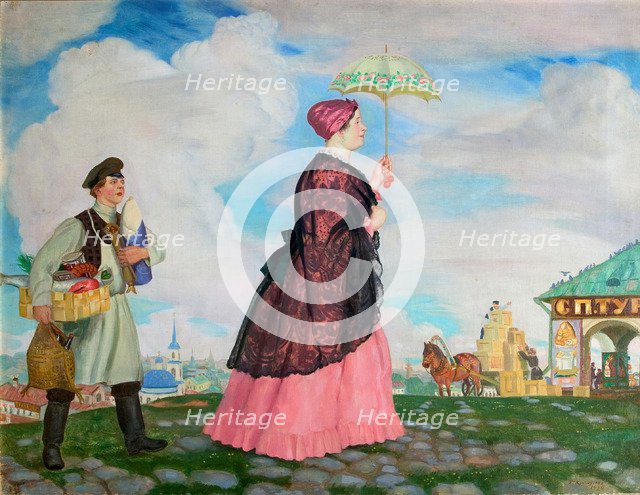 Merchant's woman with purchases, 1920. Artist: Kustodiev, Boris Michaylovich (1878-1927)