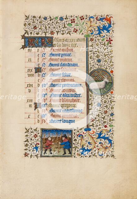 March Calendar Page: Pruning Trees: Aries; Book of Hours, about 1440-1450. Creator: Workshop of the Bedford Master.