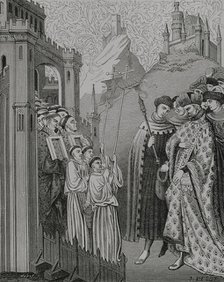 The clergy solemnly come with the cross and holy images before a lord at the door of a..., 1877.  Creators: Jules Jean Marie Joseph Huyot, J Petot.