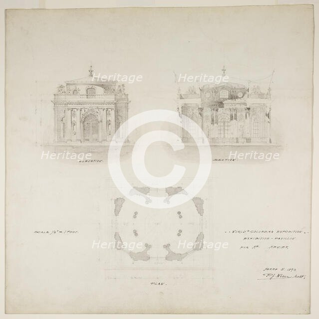 World's Colombian Exposition Chocolate-Menier Pavilion, Chicago, Plan, Elevation, and..., 1893. Creator: Peter Joseph Weber.