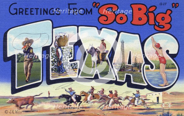 'Greetings from So Big Texas', postcard, 1937. Artist: Unknown