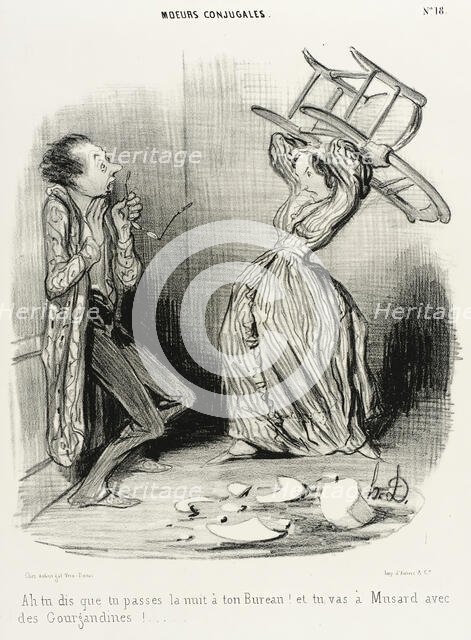 Ah! tu dis que tu passes la nuit à ton bureau..., 1840. Creator: Honore Daumier.