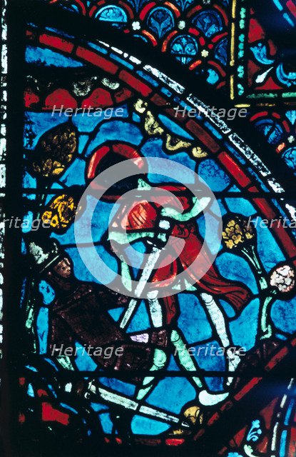 Roland pierces the giant Ferragut in the navel, stained glass, Chartres Cathedral, 1194-1260. Artist: Unknown