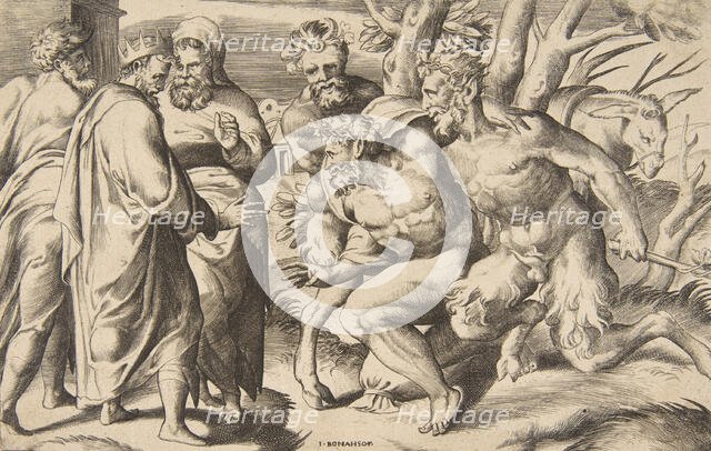 Two satyrs bringing Silenus King Midas standing at the left, 1531-76. Creator: Giulio Bonasone.